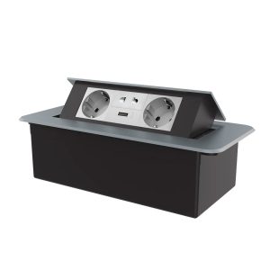 Меблева розетка потрійна LIVOLO сіра, вбудована у стільницю, з USB 10 Вт, універсальною розеткою 2-в-1, висувна, з заземленням, плавне відкриття, алюміній (VL-SHS013-2TC-T25-UA-6IP-G)